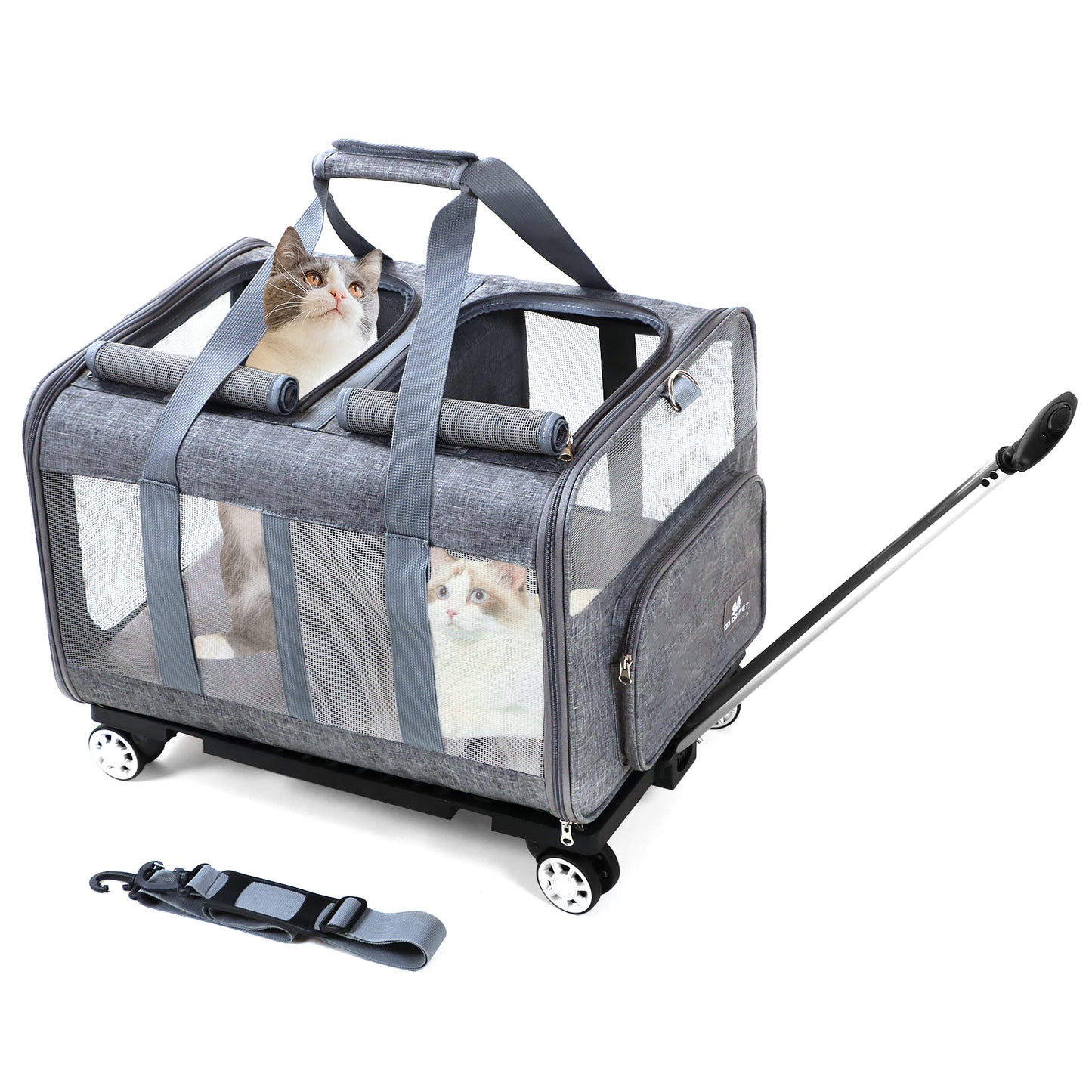Großer Katzentransporter mit Rädern. Doppelter Katzentransporter mit Rädern für 2 Katzen. Rollbarer Haustiertransporter mit Rädern. Katzentransporter für zwei Katzen auf robusten Rädern. Katzentransporter für 2 Katzen. Haustiertransportbox mit Rädern