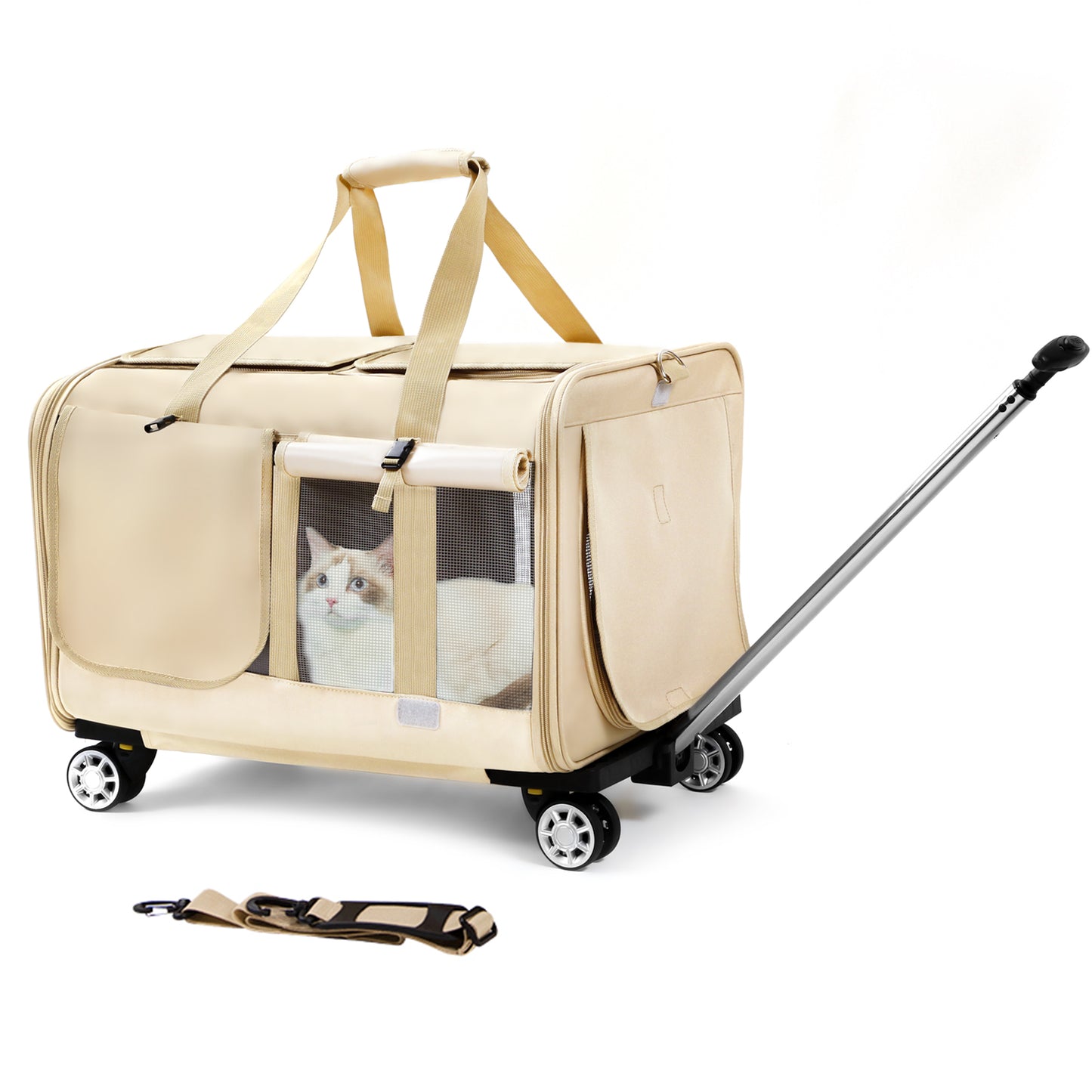 Großer Katzentransporter mit Rädern. Doppelter Katzentransporter mit Rädern für 2 Katzen. Rollbarer Haustiertransporter mit Rädern. Katzentransporter für zwei Katzen auf robusten Rädern. Katzentransporter für 2 Katzen. Haustiertransportbox mit Rädern