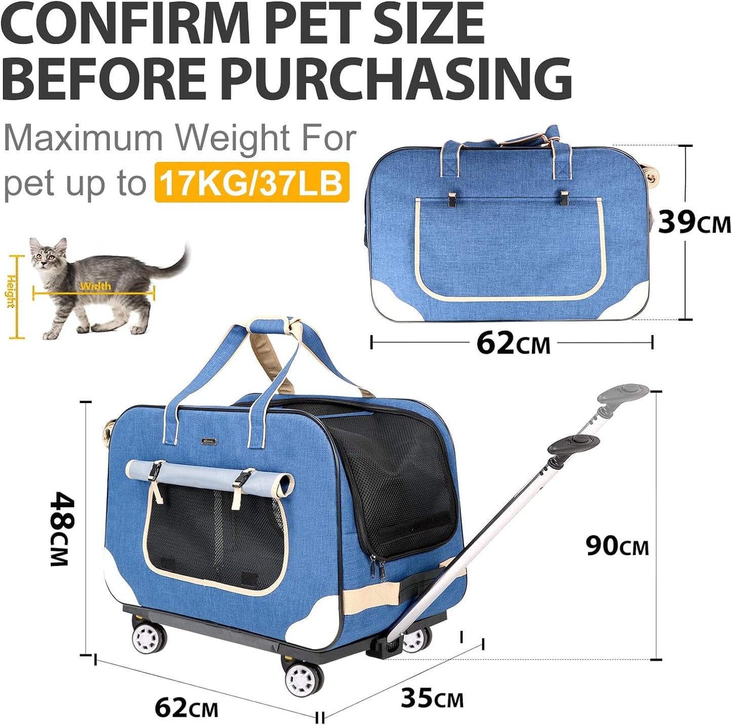 Dog Carrier On Wheels,Dog Carrier with Wheels for Small Dog,Rolling Dog Carrier with Wheel,Pet Trolley Case Carrier for Small Dog,Pet Carrier with Wheels